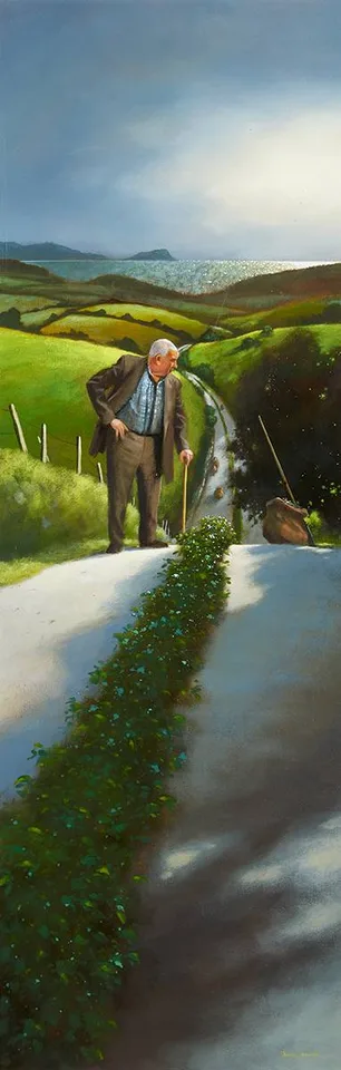 ELDERLY MAN ON A COUNTRY ROAD by Jimmy Lawlor, oil on canvas, sold Dec 2023