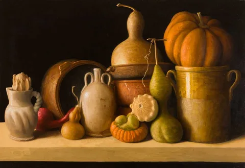 Stuart Morle, STILL LIFE WITH TERRACOTTA OBJECTS AND GOURDS, 2008, oil on canvas on board