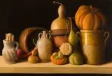 Stuart Morle, STILL LIFE WITH TERRACOTTA OBJECTS AND GOURDS
