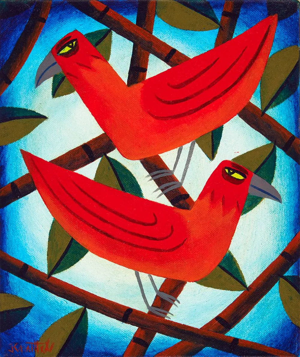 TWO RED BIRDS by Graham Knuttel, oil on canvas; (unframed), sold Oct 2023