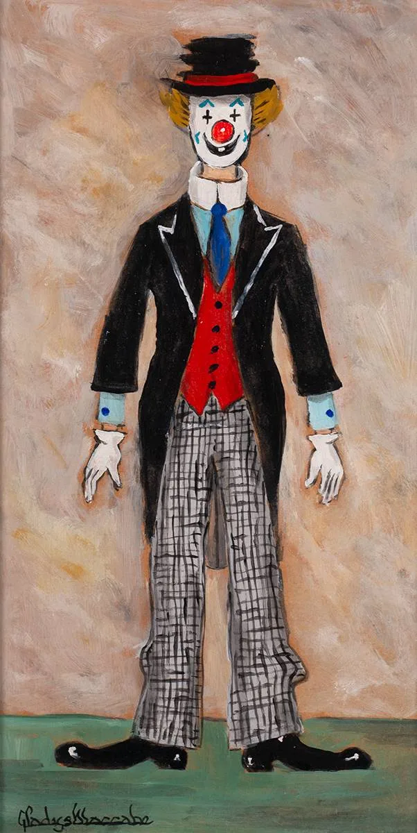 CLOWN by Gladys Maccabe, oil on board, sold Oct 2023