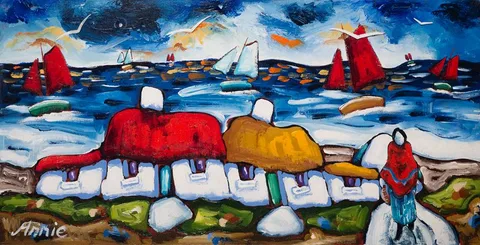 Annie Robinson, FIGURE WITH COTTAGES AND SAILBOATS, acrylic on canvas