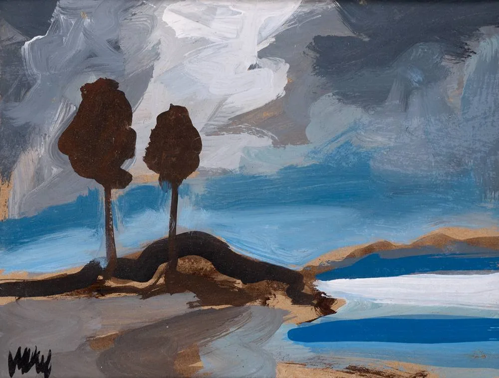 TWO TREES BY THE SHORE by Markey Robinson, oil on card, sold Oct 2023