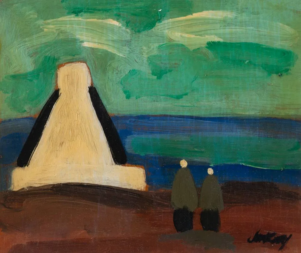 FIGURES AND COTTAGE by Markey Robinson, oil on board, sold Oct 2023