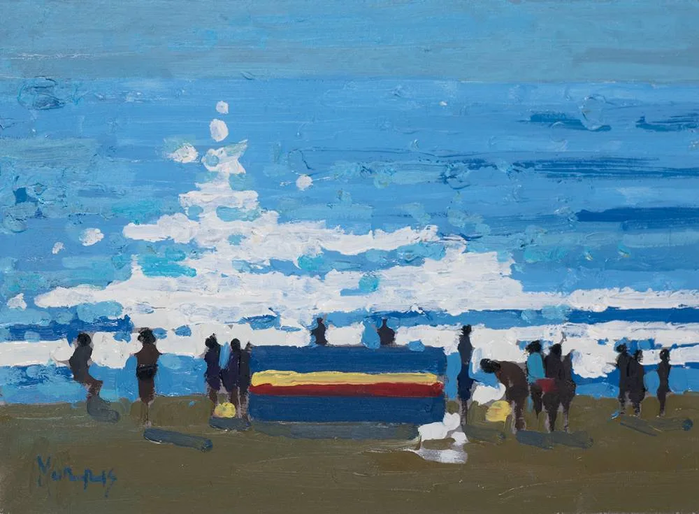 SUMMER WINDBREAK by John Morris, oil on board, sold Oct 2023