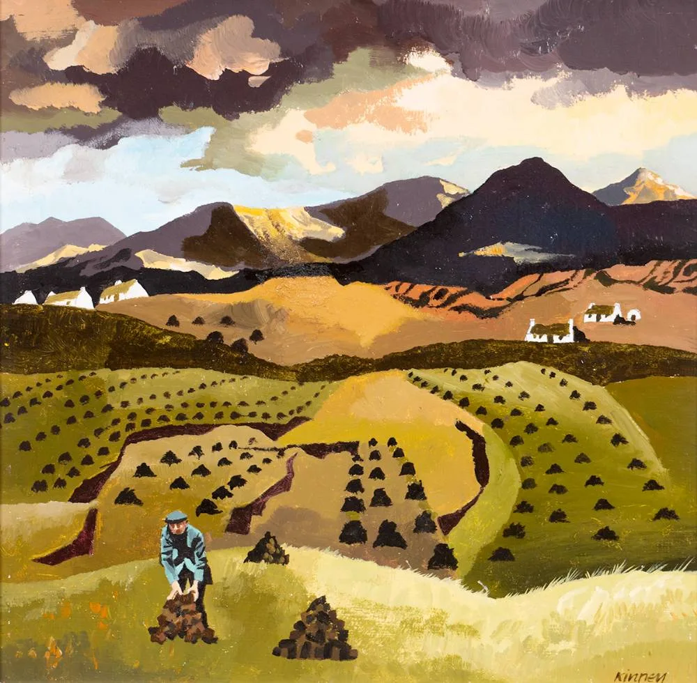 STACKING THE TURF by Desmond Kinney, oil on panel, sold Oct 2023
