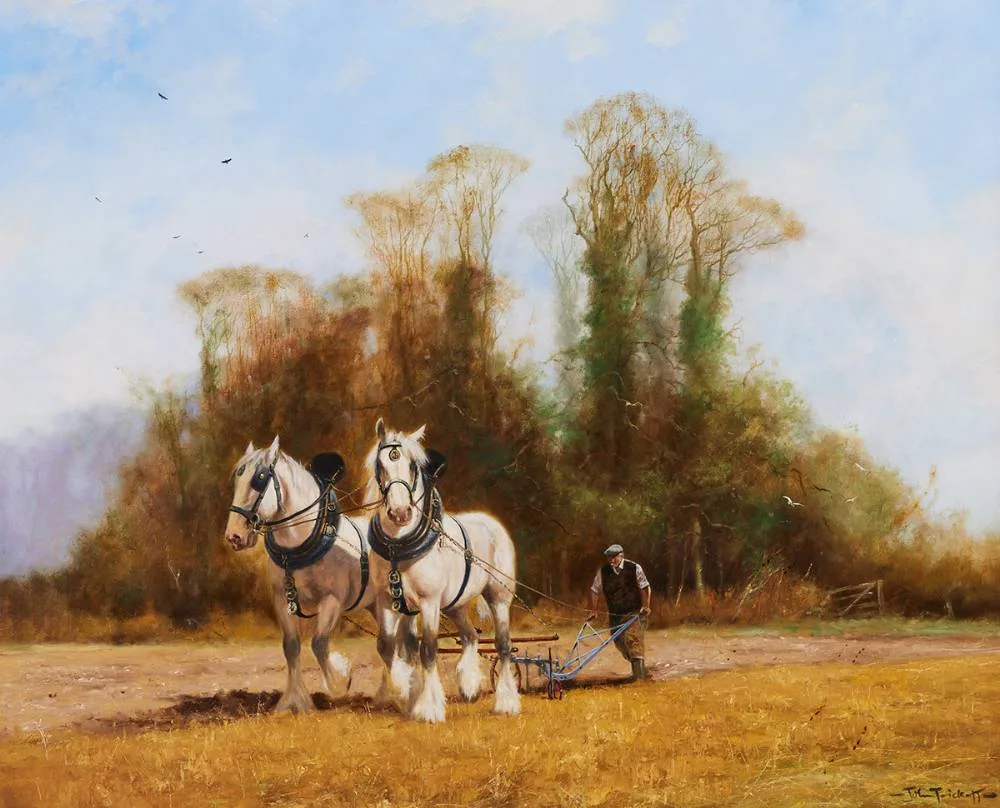 PLOUGHING by John Trickett, oil on canvas, offered Oct 2023