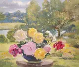 Geraldine O'Brien, STILL LIFE OF ROSES IN A LANDSCAPE