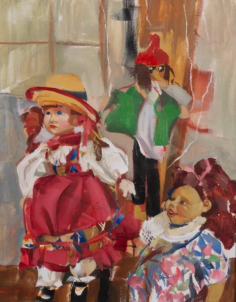 DOLLS by Sarah le Jeune, 1996, oil on board, sold Oct 2023