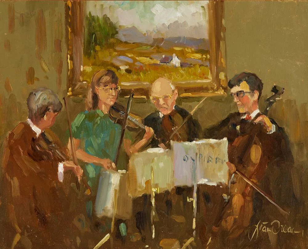 STRING QUARTET by Liam Treacy, oil on canvas, sold Oct 2023