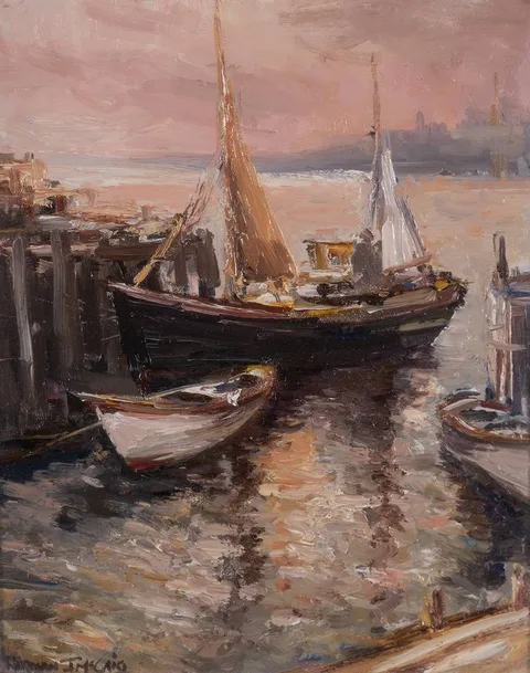 EVENING AT KILKEEL, COUNTY DOWN by Norman J. McCaig, oil on panel, sold Oct 2023