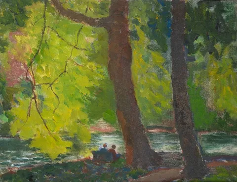 Moyra Barry, FIGURES BY A RIVER, oil on canvas