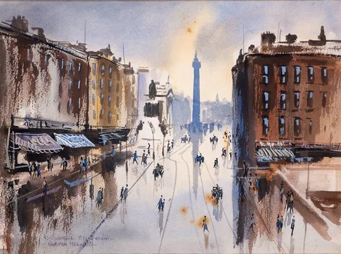 Norman Teeling, O'CONNELL STREET, DUBLIN, watercolour heightened with white