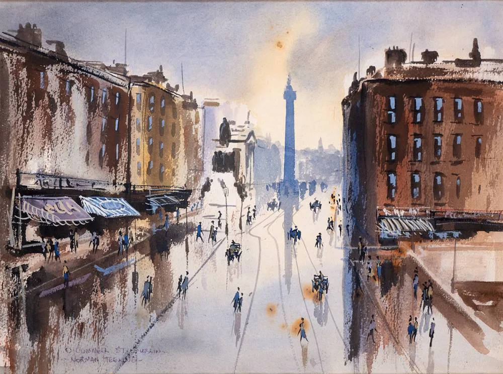 Norman Teeling, O'CONNELL STREET, DUBLIN, watercolour heightened with white
