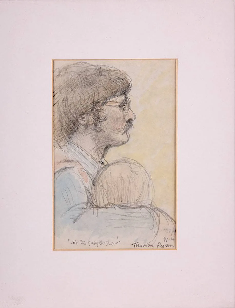 AT THE PUPPET SHOW by Thomas Ryan, watercolour and pencil, offered Oct 2023