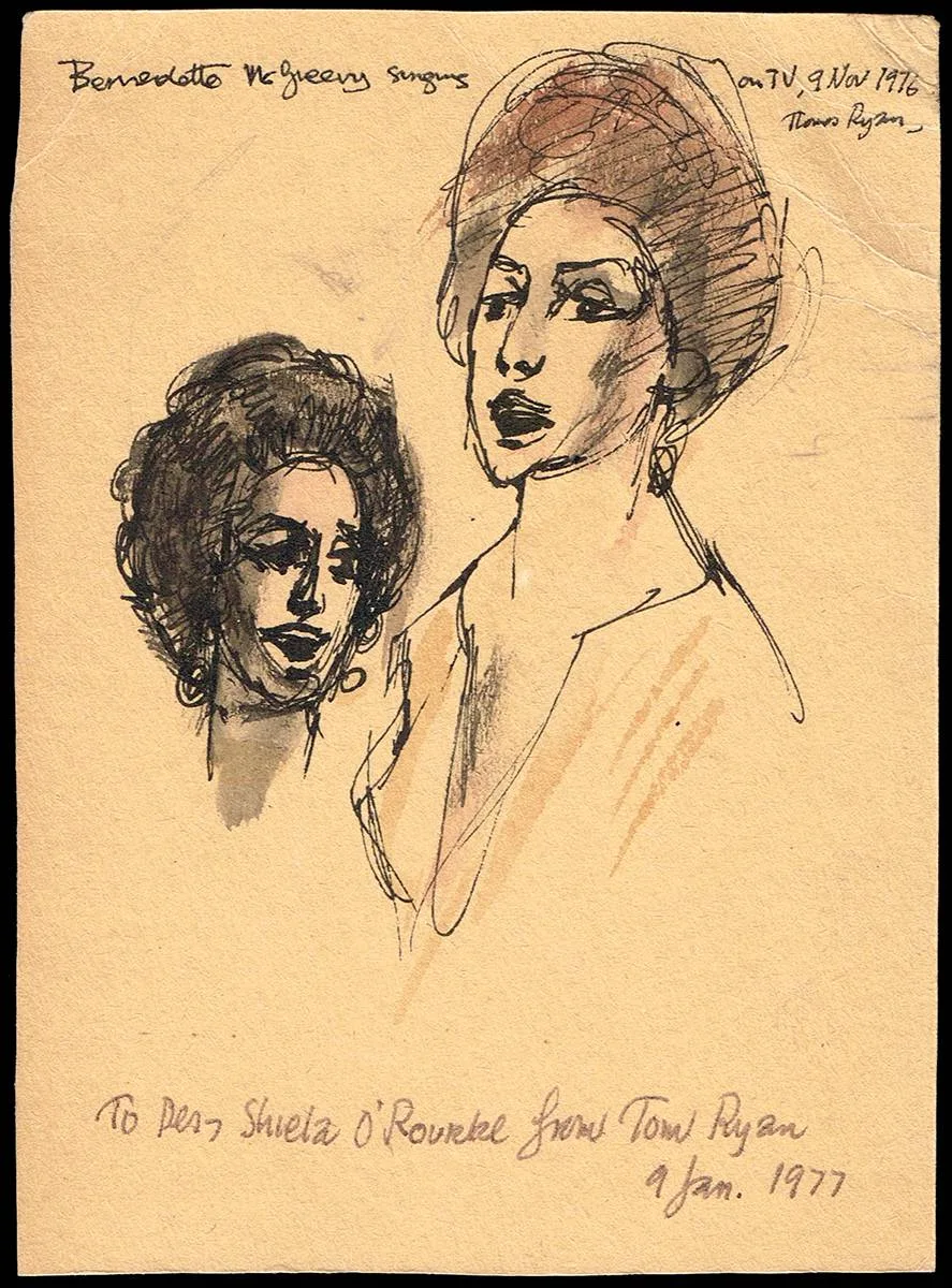 BERNADETTE MCGREEVY SINGING ON T. V. by Thomas Ryan, 1976, ink and wash; (unframed), offered Oct 2023