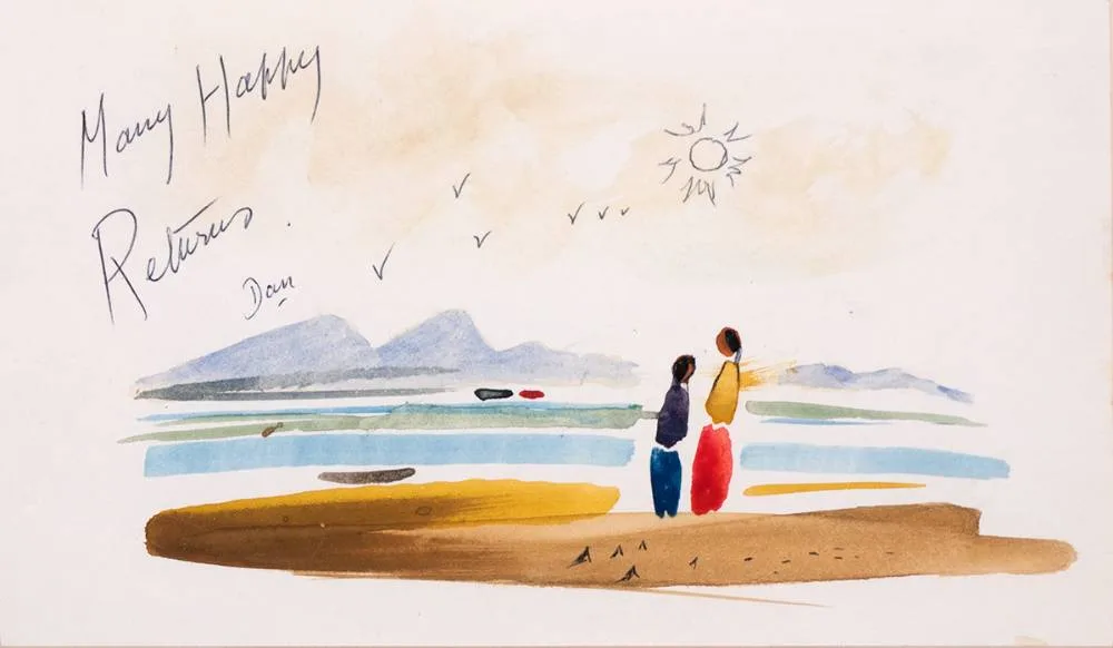 FIGURES ON A BEACH by Daniel O'Neill, watercolour, sold Oct 2023