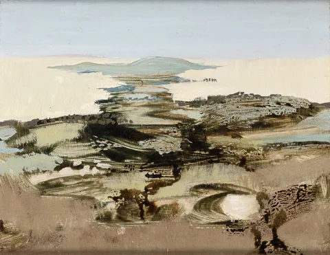 GRASS AND ROCKS BY THE SHORE by Arthur Armstrong, oil on board, sold Oct 2023