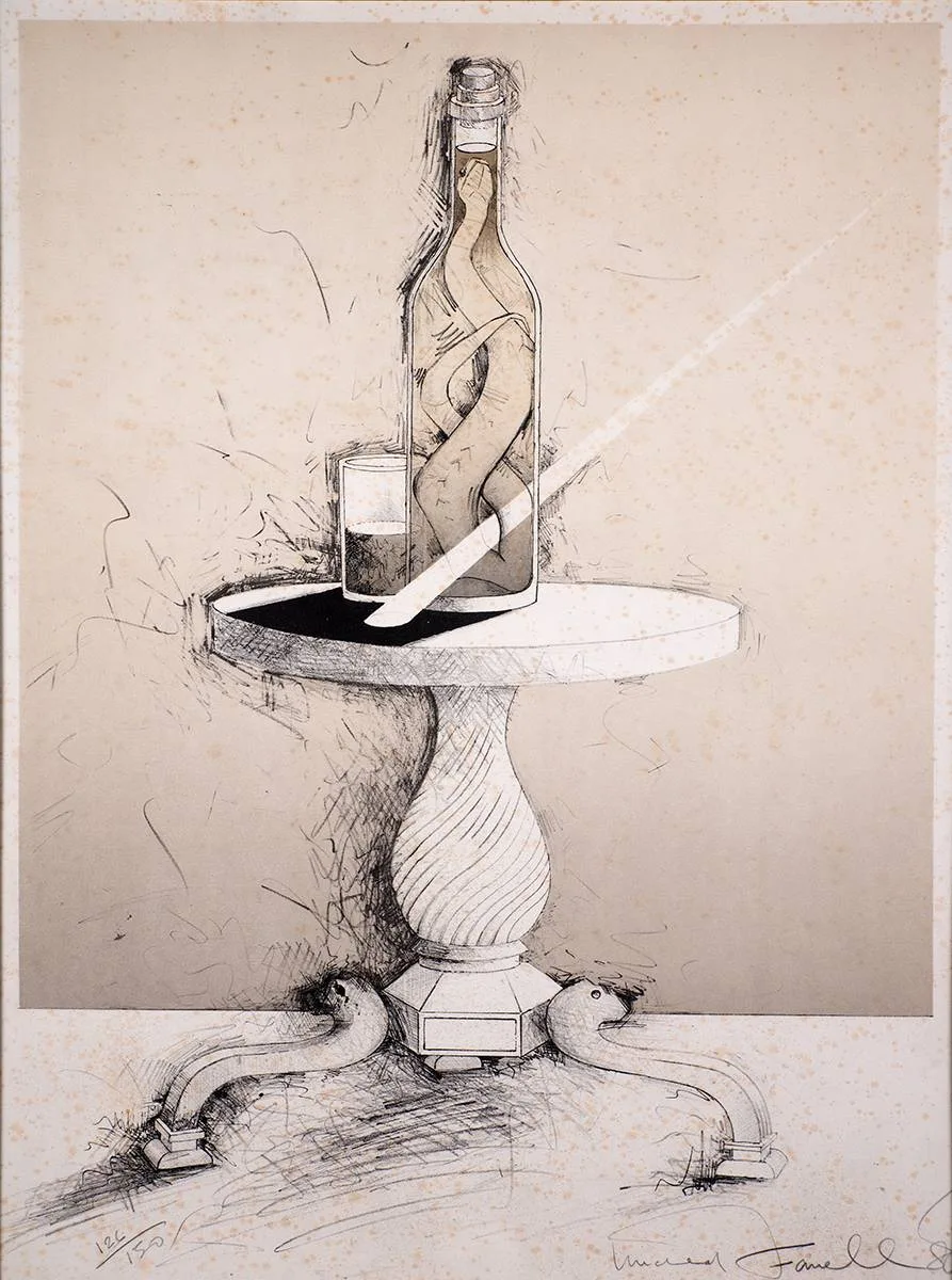ALCOOL DE SERPENT by Micheal Farrell, 1980, lithograph (no. 126 from an edition of 150), sold Oct 2023