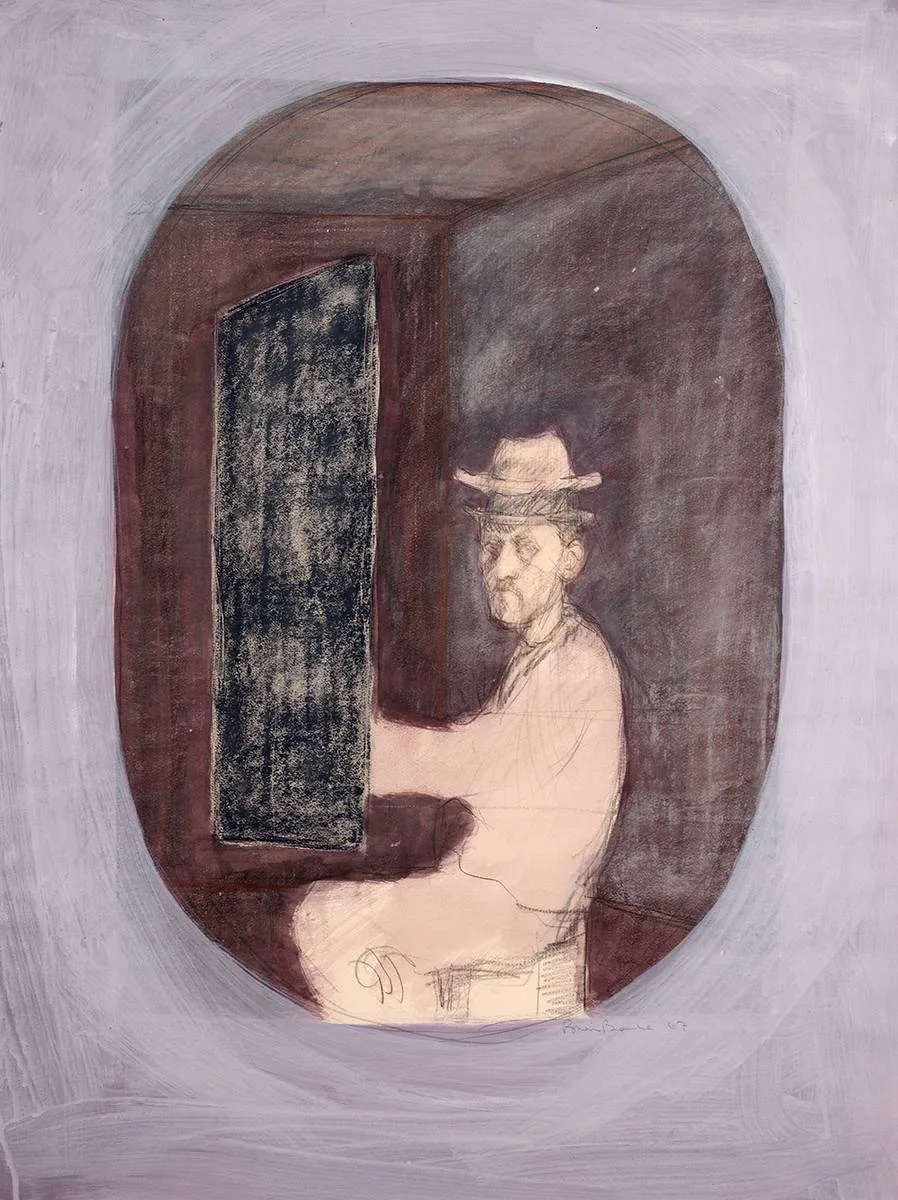 SELF PORTRAIT WITH TWO HATS by Brian Bourke, 1967, mixed media, offered Oct 2023
