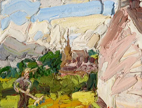 HAY MAKING AT WIDOWS ROW, DUNDRUM, WITH THE MOURNE BEHIND by George Rowlett, 1997, oil on panel, offered Oct 2023