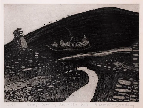 Maria Simonds-Gooding, SHEEP COMING DOWN THE HILL, etching; (no. 16 from an edition of 85)