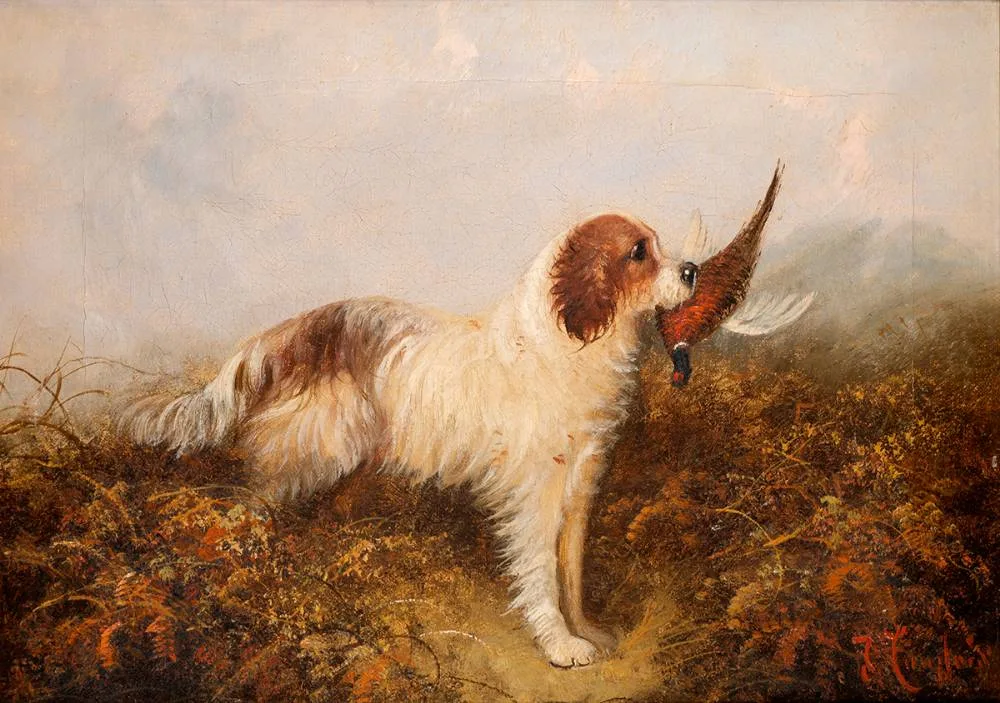 SPANIEL WITH PHEASANT by J Langlois, oil on canvas, offered Oct 2023