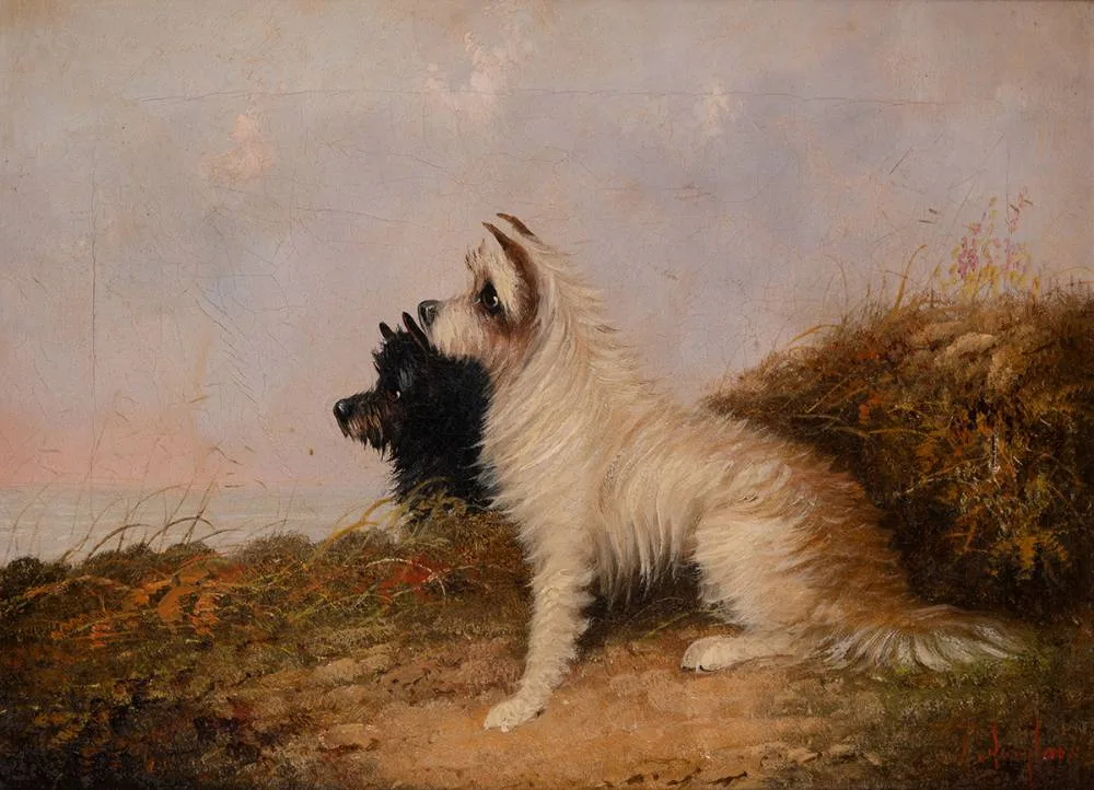 TWO TERRIERS by J Langlois, oil on canvas, sold Oct 2023