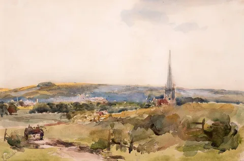 Claude Hayes, VALLEY SCENE WITH CHURCH STEEPLE, watercolour