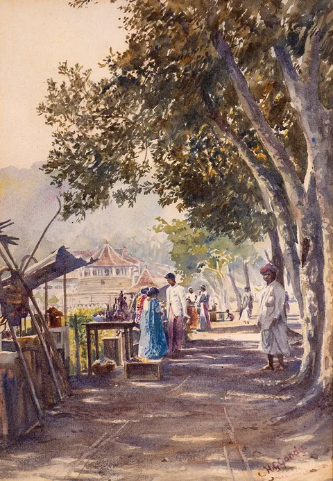 Henry George Gandy, TEMPLE OF THE TOOTH, KANDY, WITH STREET SELLERS, SRI LANKA, c.1925, watercolour