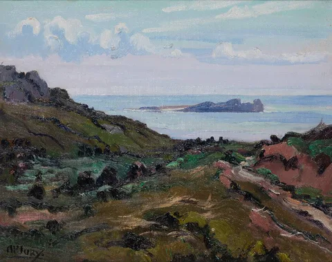 TOWARD TORY ISLAND, COUNTY DONEGAL by Anne Primrose Jury, oil on canvas board, sold Oct 2023
