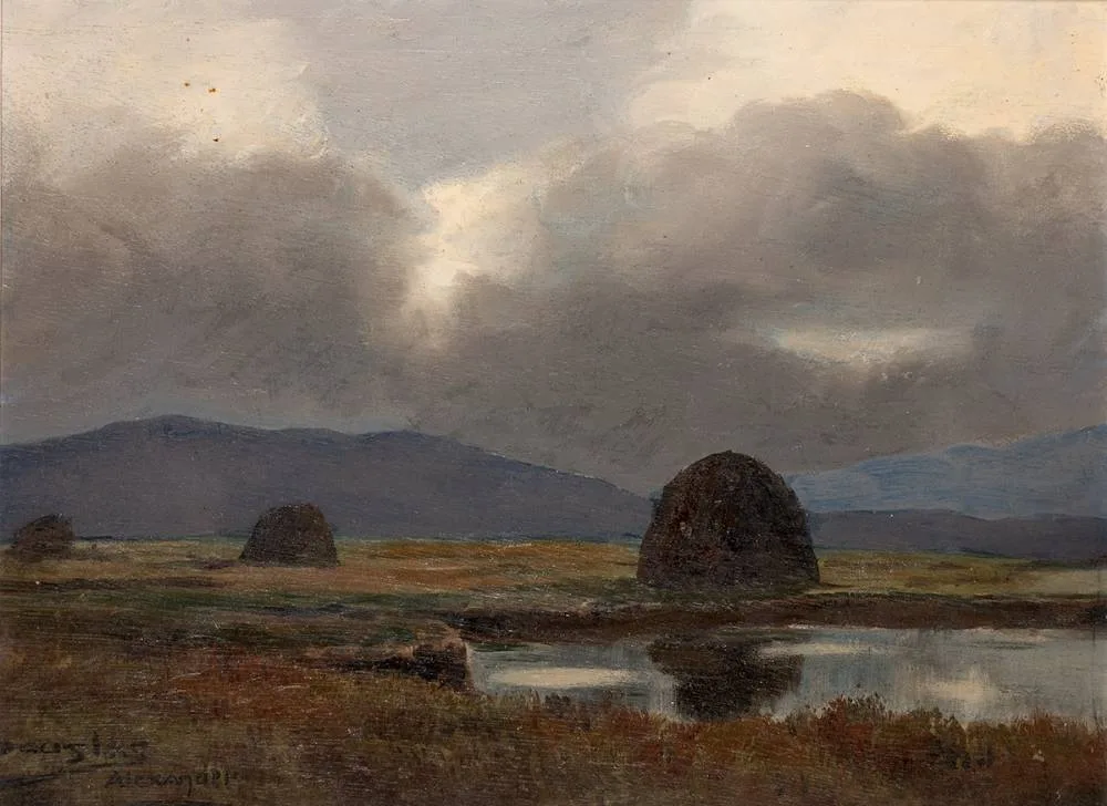 PEAT STACKS, CONNEMARA by Douglas Alexander, oil on panel, sold Oct 2023