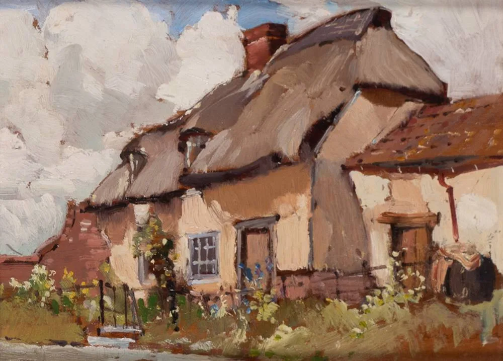 Harry Dorr, THATCHED COTTAGE, oil on panel