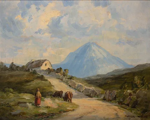 Padraic Woods, FIGURE AND CATTLE BY A COTTAGE, WEST OF IRELAND, oil on canvas