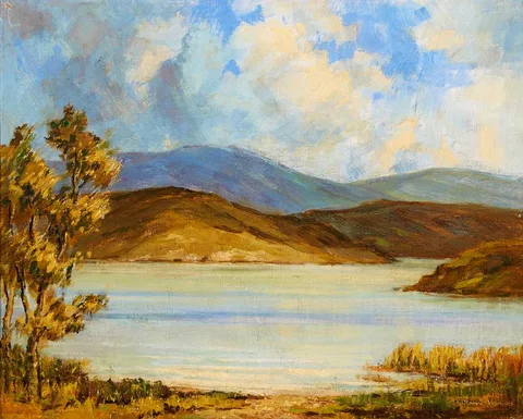 Padraic Woods, LAKE AND MOUNTAIN SCENE, oil on canvas