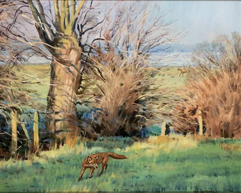 FOX DEPARTING COVER by Neil Cawthorne, oil on canvas, offered Oct 2023