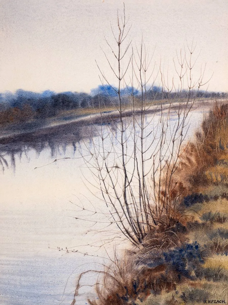 James Hall Flack, CANAL BANK, LATE WINTER, 1982, watercolour