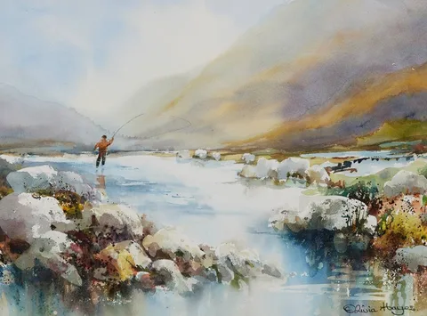 Olivia Hayes, ANGLER IN A RIVER SCENE, watercolour