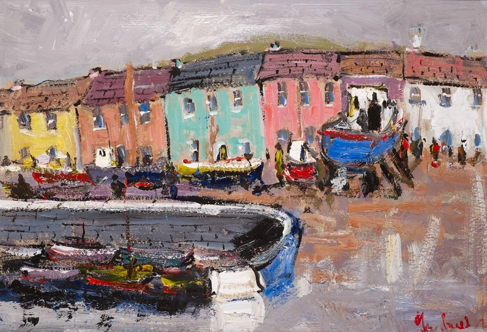 Marie Carroll, HARBOUR SCENE, ROUNDSTONE, COUNTY GALWAY, oil on paper