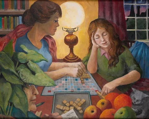 Margaret Gowan, A GAME OF SCRABBLE, 1990, oil on board