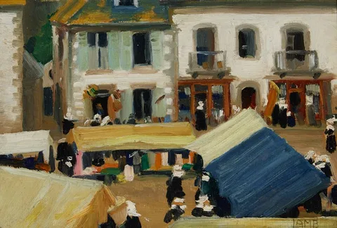 PONT-AVEN MARKET, BRITTANY by Charles Vincent Lamb, oil on panel, sold Oct 2023