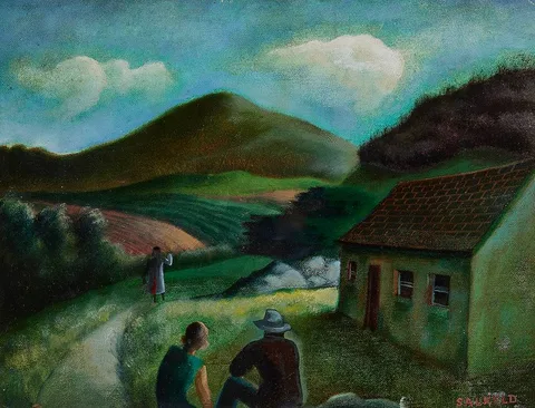 Cecil Ffrench Salkeld, FIGURES BY A COTTAGE WITH MOUNTAINS IN THE DISTANCE, oil on board