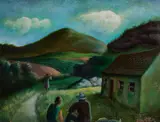 Cecil Ffrench Salkeld, FIGURES BY A COTTAGE WITH MOUNTAINS IN THE DISTANCE