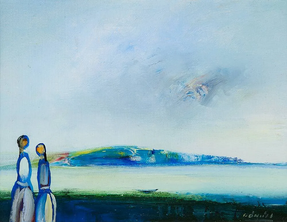 FIGURES IN A LANDSCAPE by Daniel O'Neill, oil on board, sold Oct 2023