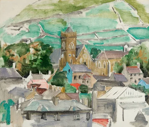 VIEW OF ST. MARY'S CHURCH, DINGLE, COUNTY KERRY by Frances J. Kelly, oil on canvas, offered Oct 2023