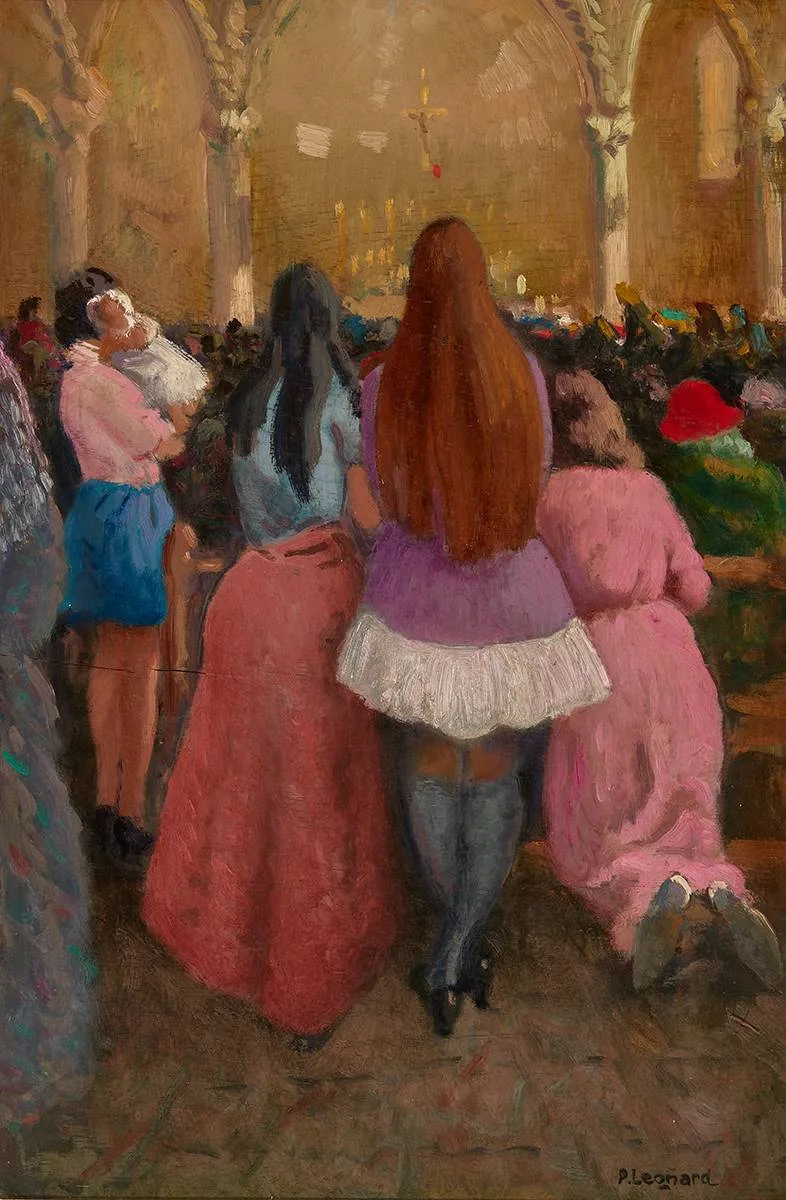 MASS, GRIFFITH AVENUE, DUBLIN by Patrick Leonard, 1974, oil on board, sold Oct 2023