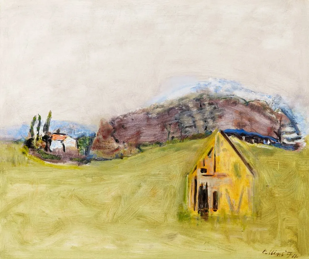 NORMANDY LANDSCAPE WITH DESERTED BARN by Patrick Collins, 1974, oil on canvas, offered Oct 2023