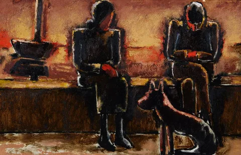 Josef Herman, COUPLE WITH DOG, 1979, oil on panel
