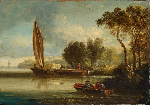 FIGURES IN ROW BOAT AND SAILBOAT by William Sadler II, oil on panel, sold Oct 2023