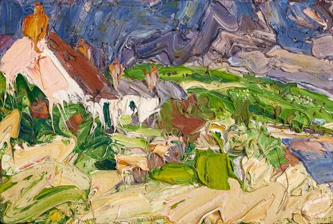 WIDOW'S ROW, DUNDRUM, WITH SHEEP AND CATTLE ON THE HILL by George Rowlett, 1997, oil on panel, sold Oct 2023